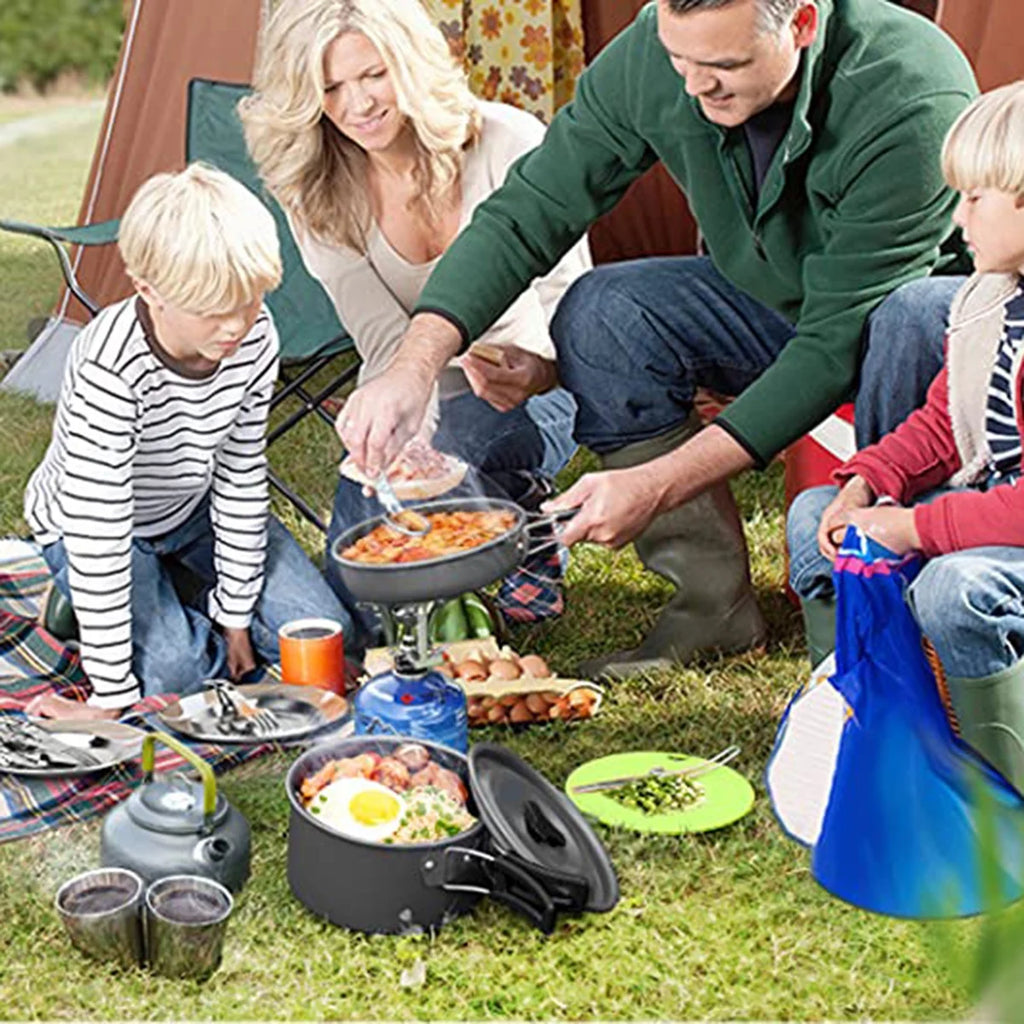 Camping Cookware Mess Kit Pot Pan Kettle Cooking Set Tableware with Spoon Fork B50131