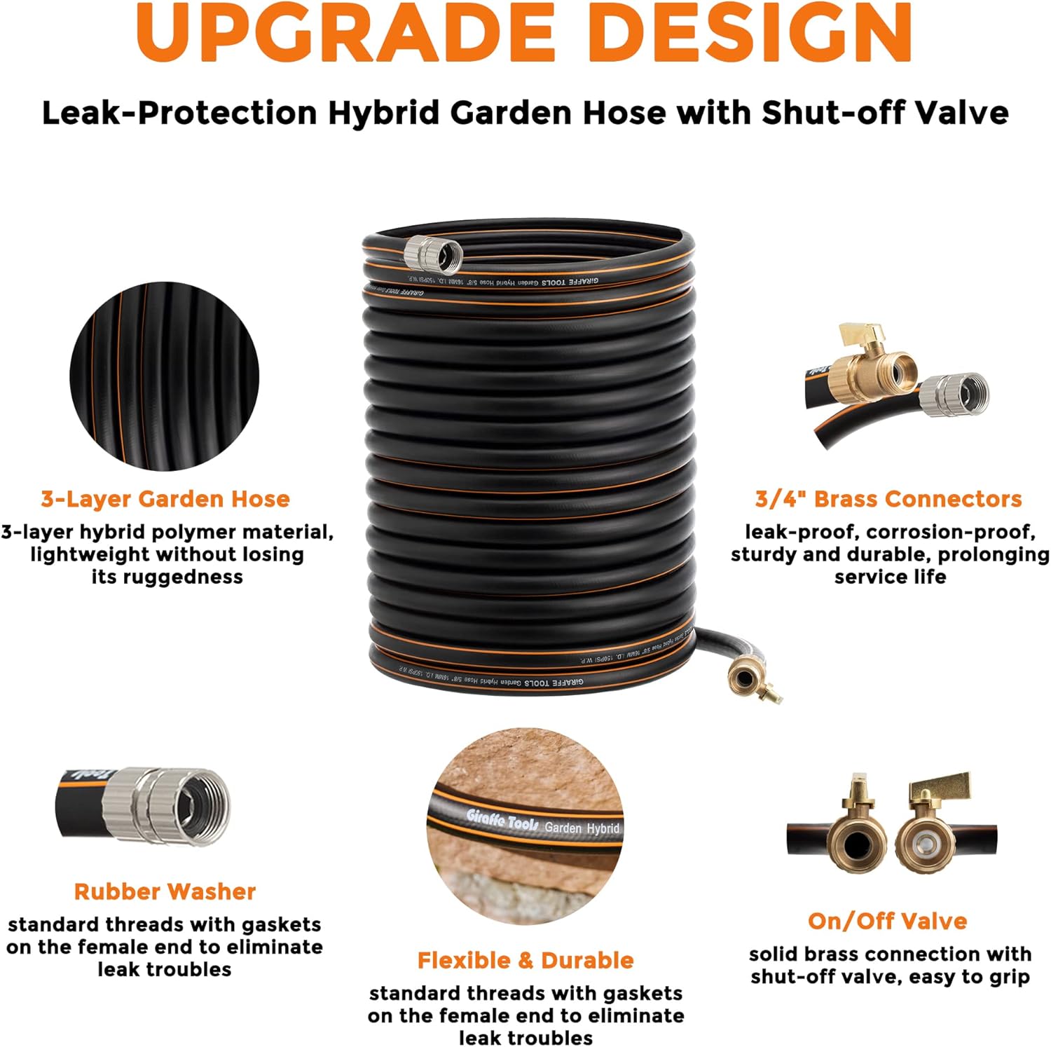Hybrid Garden Hose 50 ft x 5/8", Heavy Duty Rubber Water Hose, 3/4" Brass Connector with Shut off Valve, Pack of 2 T462