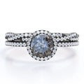 Four-Prong Halo Setting 1.5 Carat Round Brilliant Cut Gray Salt and Pepper Diamond Bridal Ring Set in 18K Black Gold Plating over Silver D74997