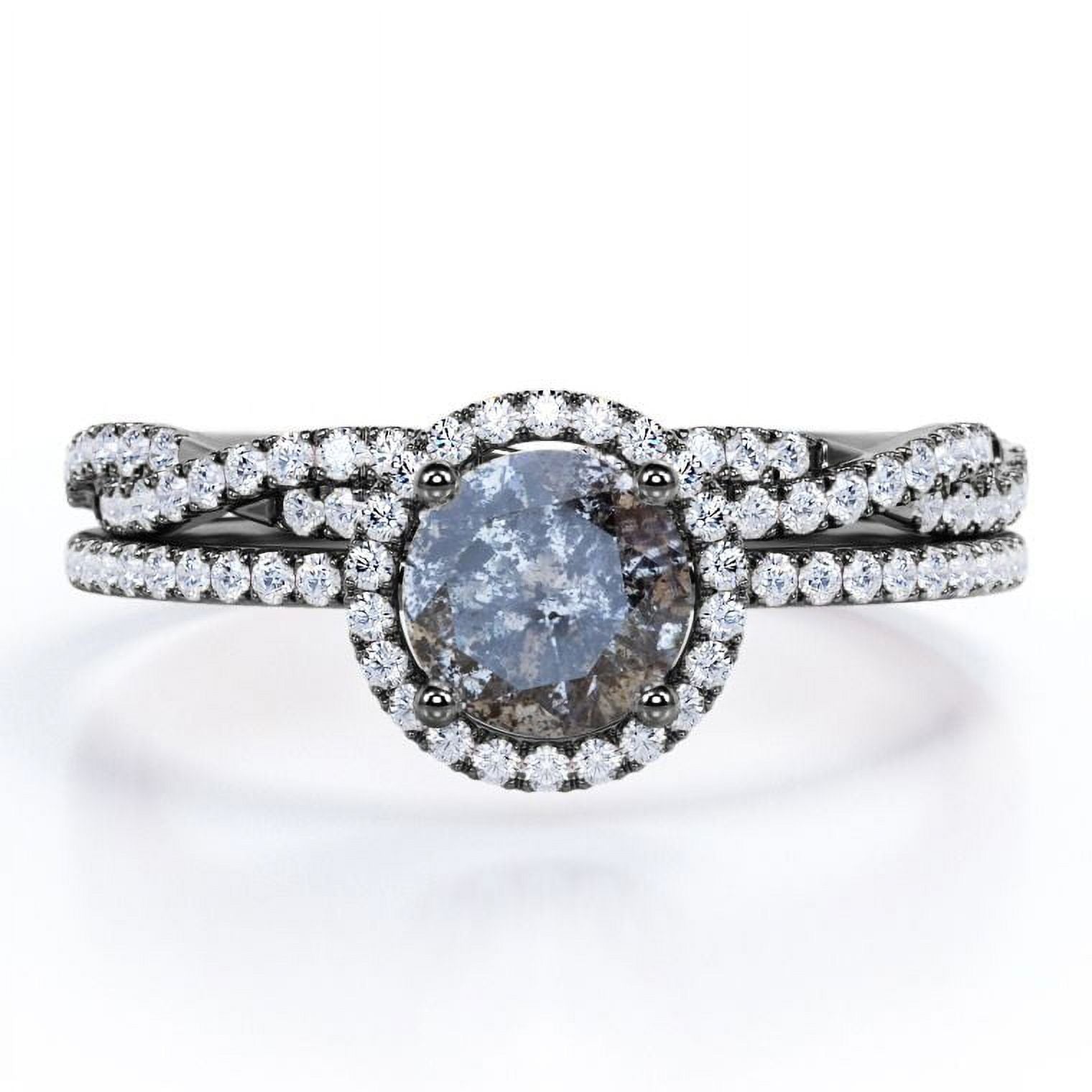 Four-Prong Halo Setting 1.5 Carat Round Brilliant Cut Gray Salt and Pepper Diamond Bridal Ring Set in 18K Black Gold Plating over Silver D74997