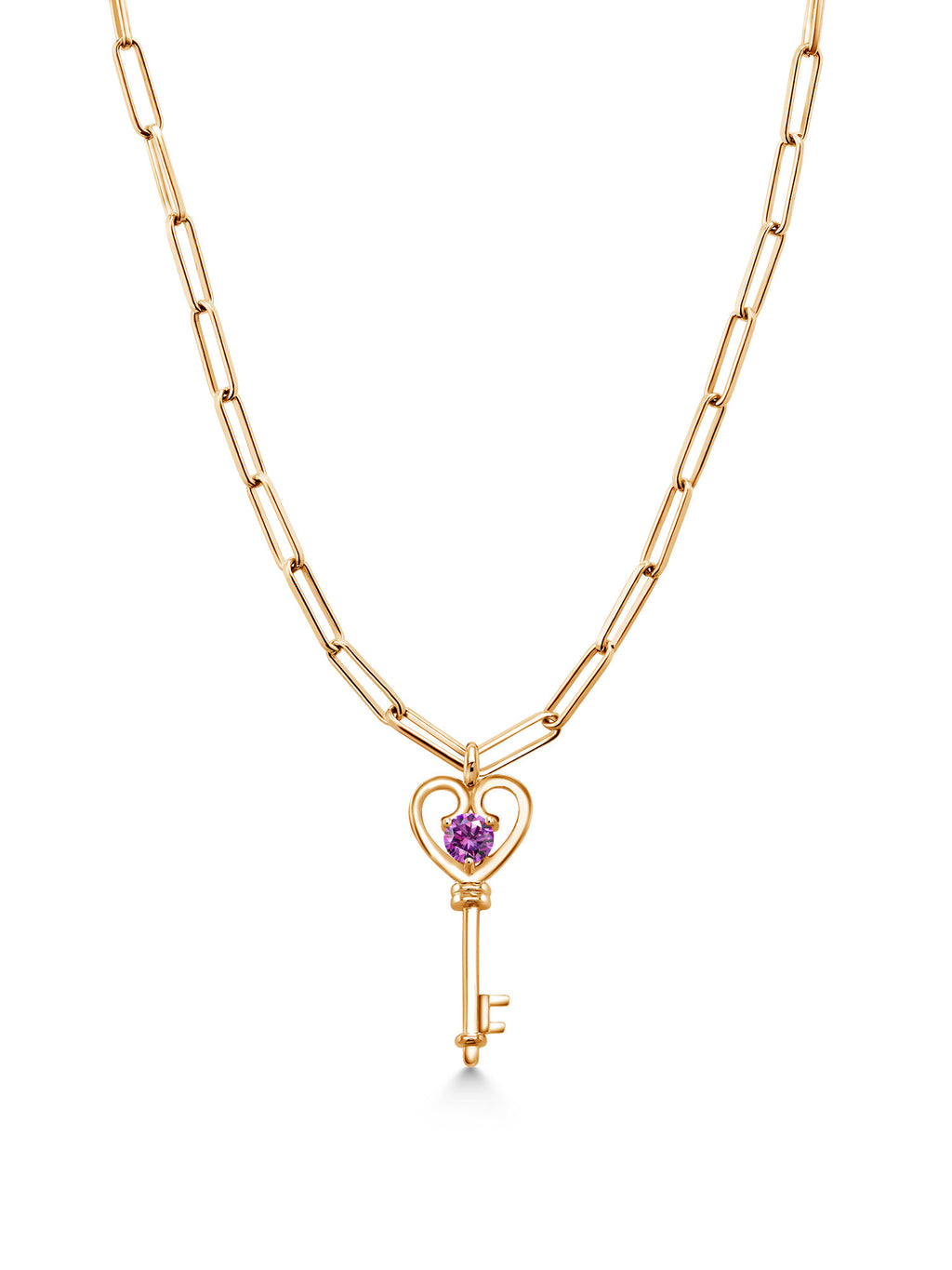 18K Yellow Gold Plated Silver Heart Key Pendant with Paperclip Link Chain 18 inch with 2 inch Extender Set with Round Purple Zirconia T450