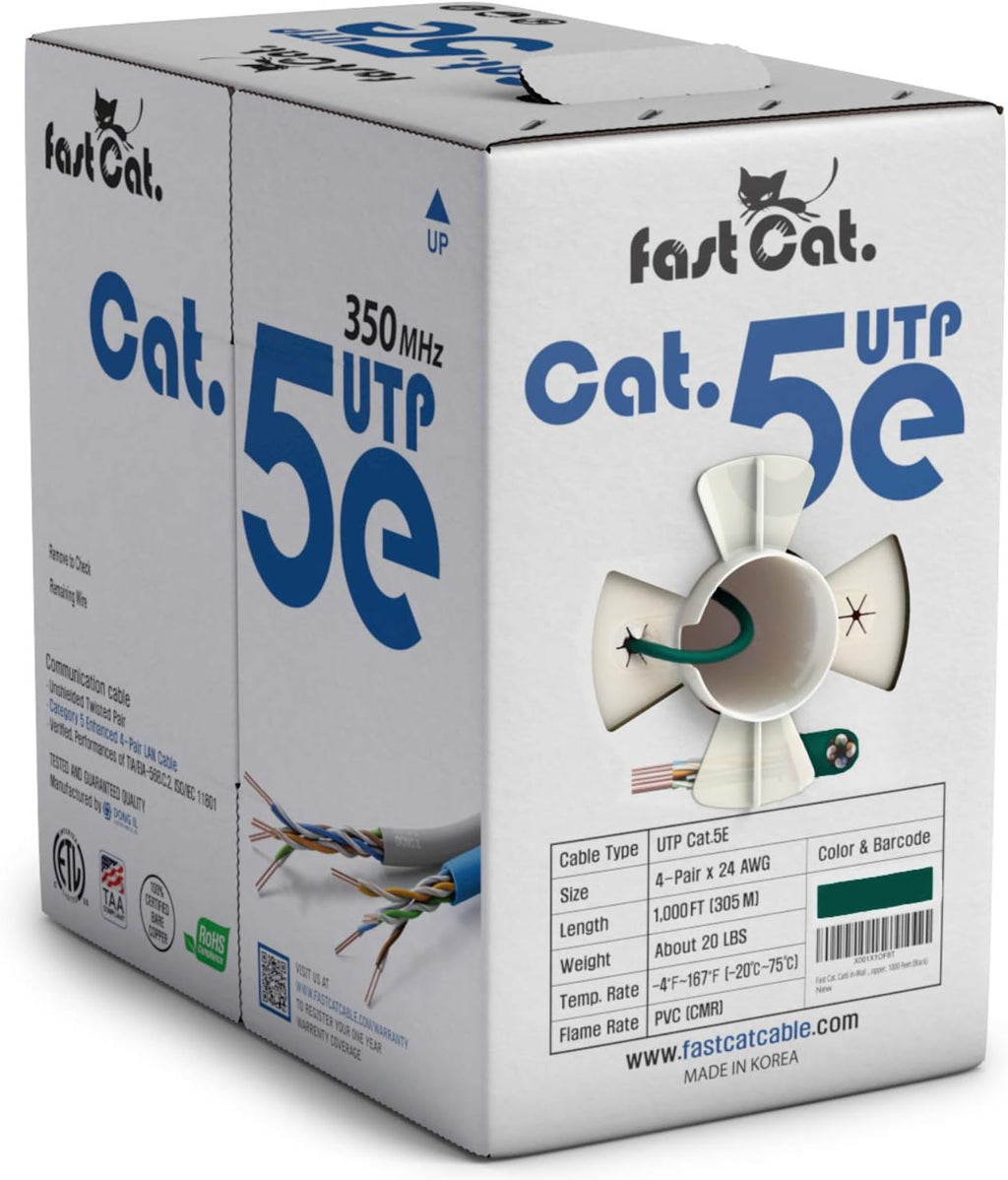 Cat5e Ethernet Cable 1000ft - 24 AWG CMR Bare Copper UTP LAN Cable (Green) D368807