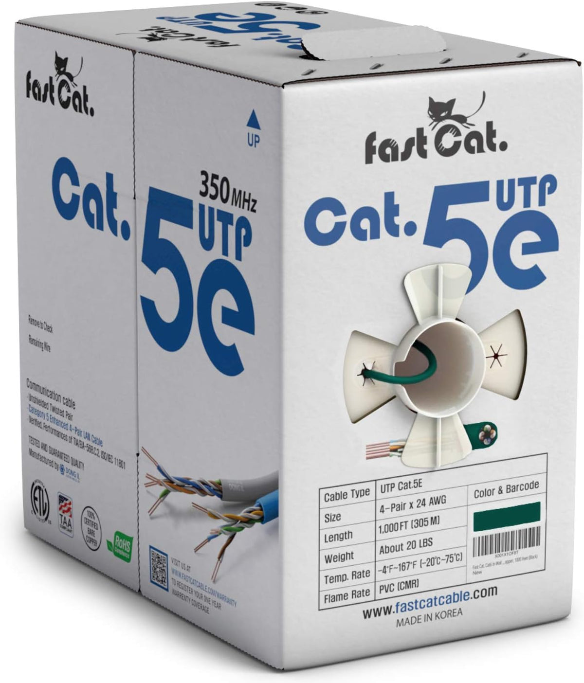 Cat5e Ethernet Cable 1000ft - 24 AWG CMR Bare Copper UTP LAN Cable (Green) D368807