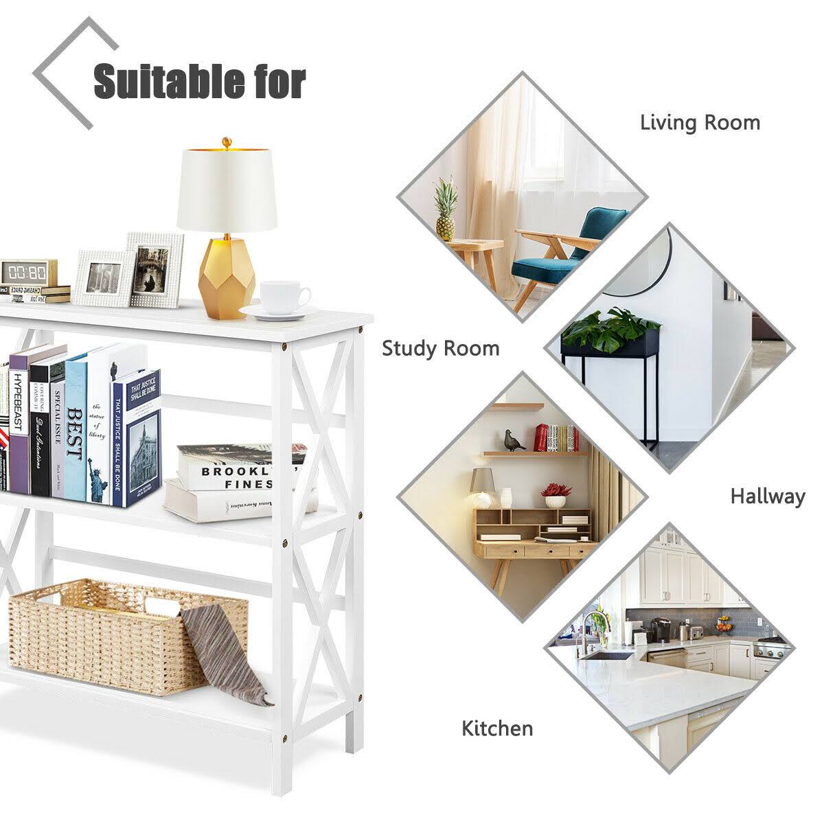 3-Tier White Wooden Open Shelf Bookcase Q54876