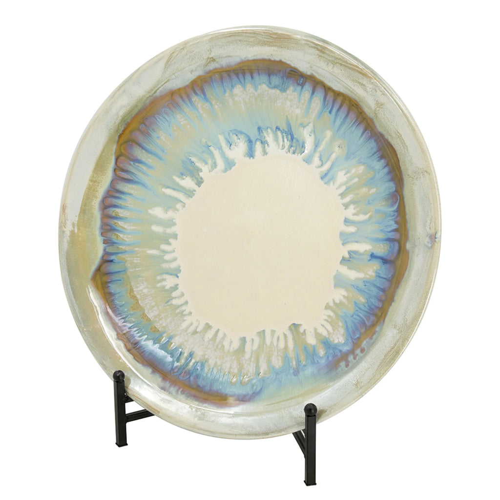 18" Blue and Beige Ceramic Charger with Stand E727