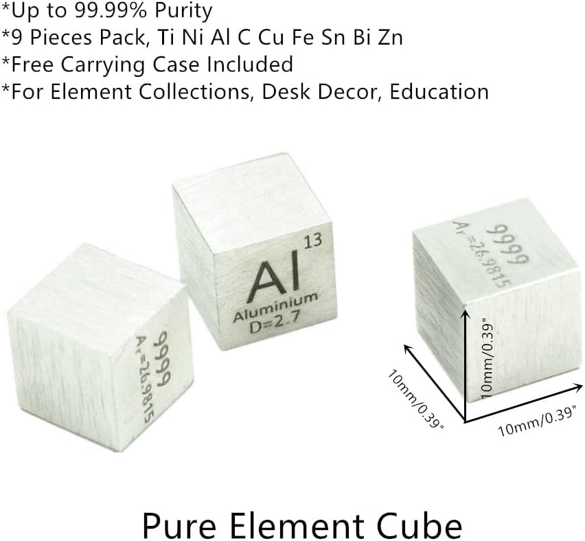 9 PCS 10mm Density Cubes Pure Metal Cubes Titanium Bismuth Carbon Nickel Iron Copper Zinc Aluminium Tin T935728