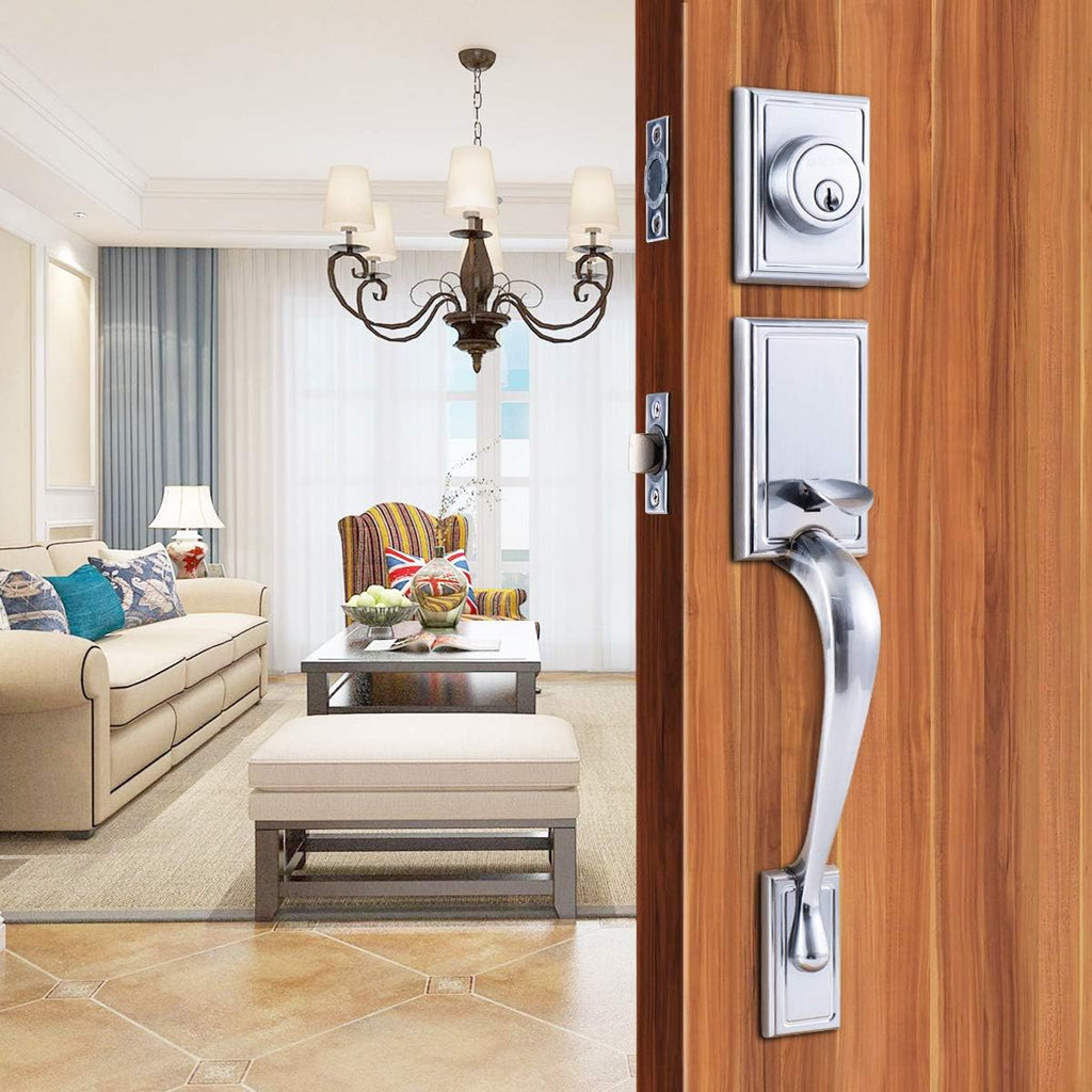 Satin Nickel Front Door Handle with Deadbolt Lock Set, Pack of 2 A153