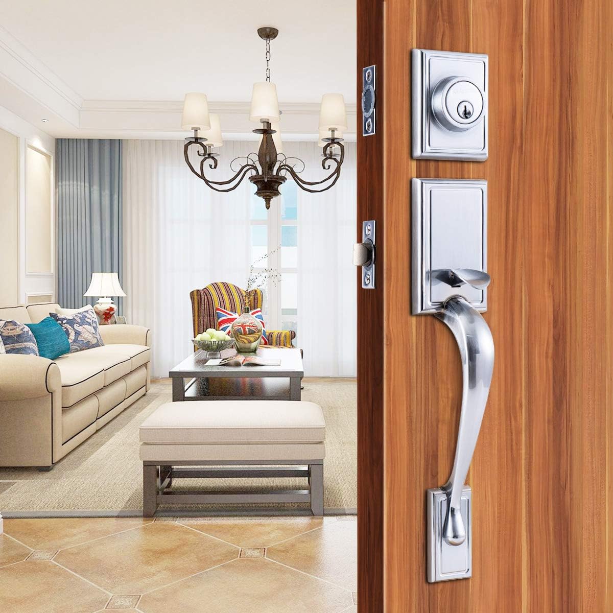 Satin Nickel Front Door Handle with Deadbolt Lock Set, Pack of 2 A153