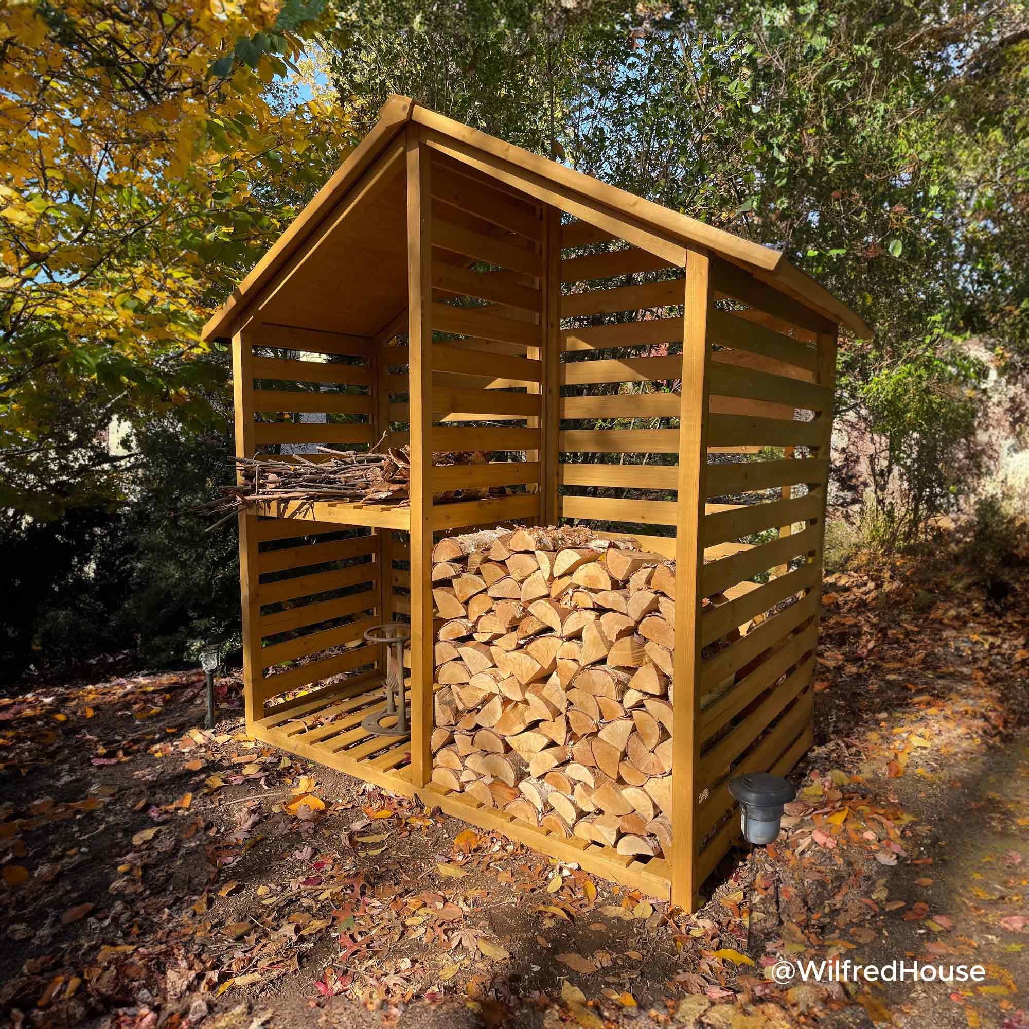 69" Solid Cedar Wood Firewood Log Rack with Black Asphalt Roof and 2-Tier Shelf V594342