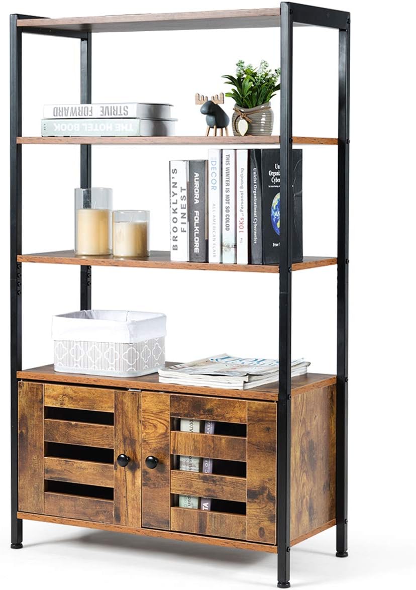Rustic Brown 3 Shelf Bookshelf with 2 Doors E204334