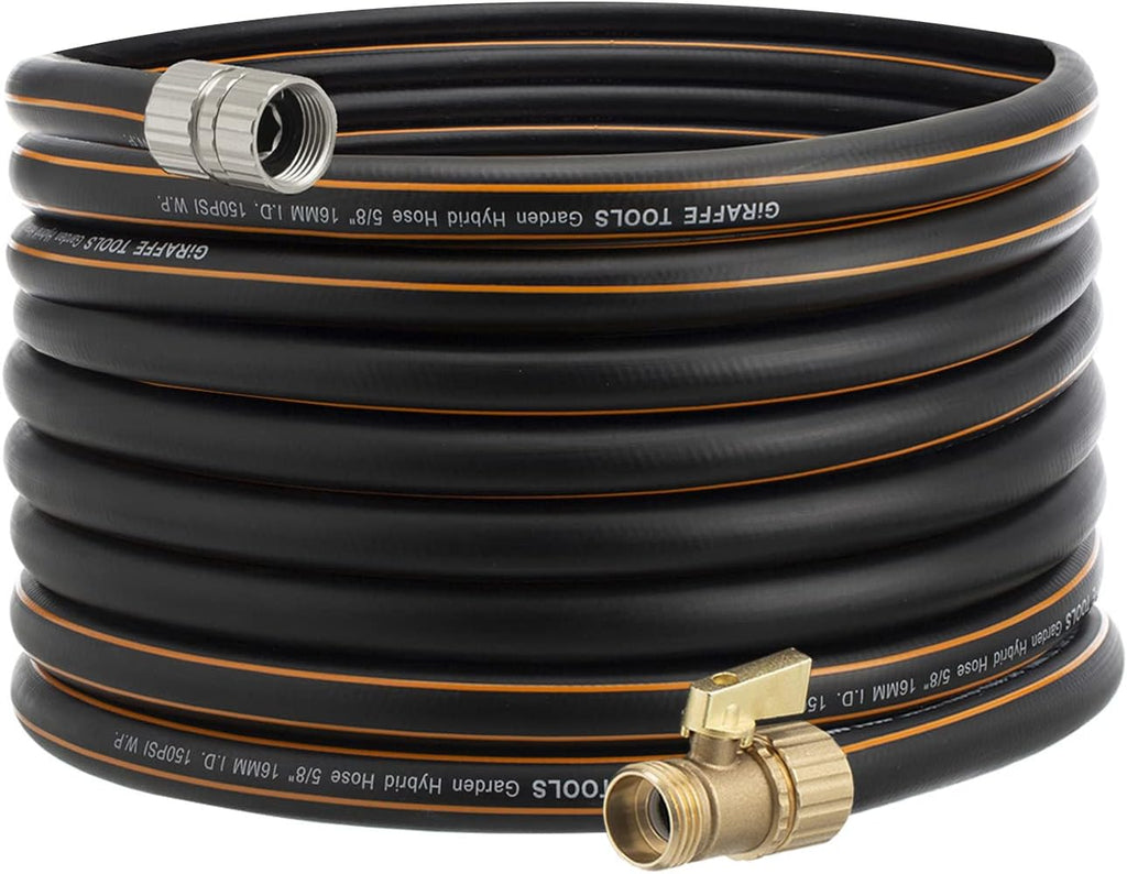 Hybrid Garden Hose 50 ft x 5/8", Heavy Duty Rubber Water Hose, 3/4" Brass Connector with Shut off Valve, Pack of 2 T462