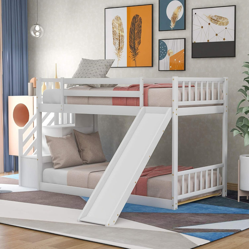 Grey Twin Over Twin Bunk Bed with Slide and Stairs Storage T2674