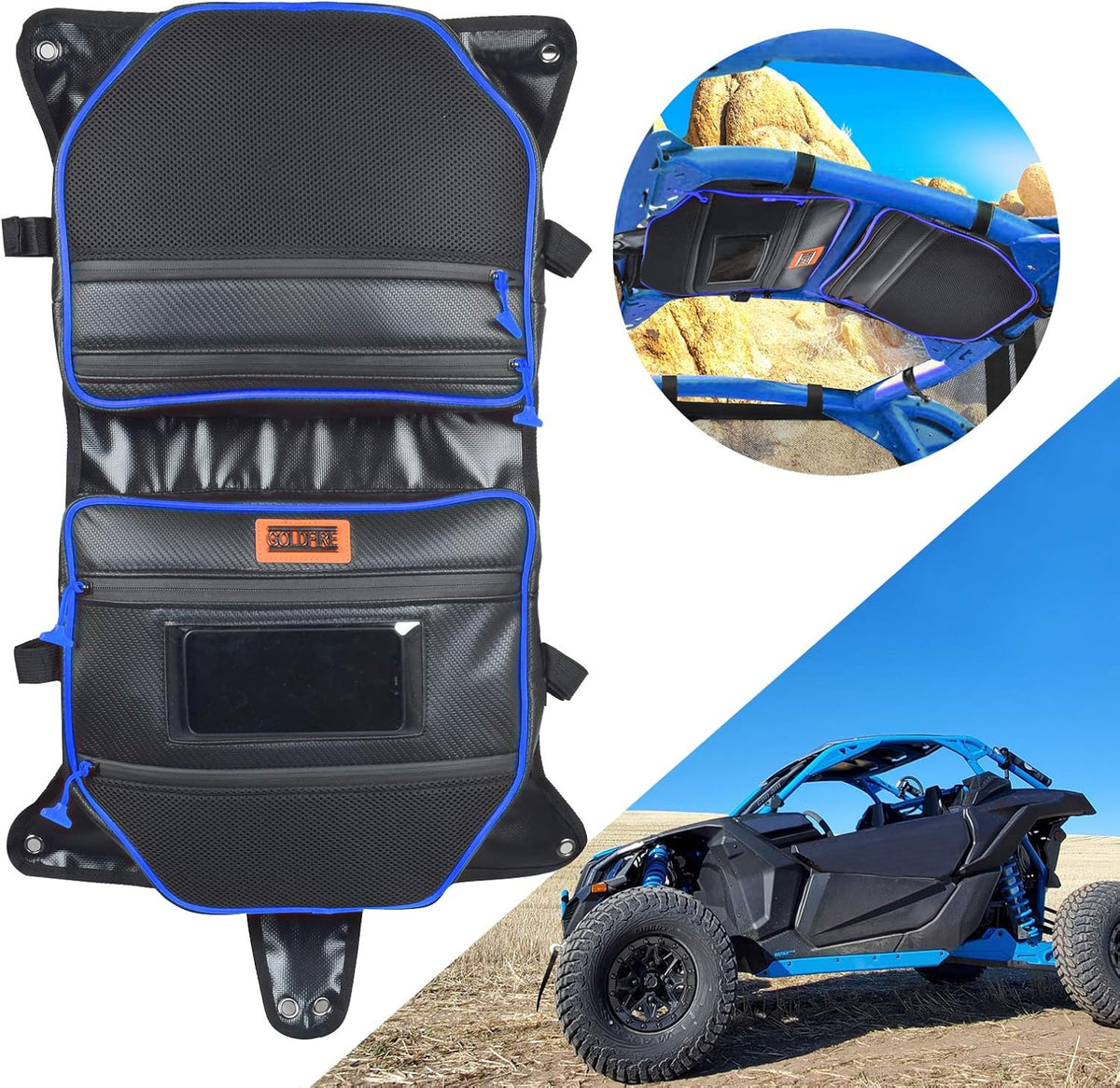 Water Resistant Overhead Roof Storage Bag for Can Am Maverick X3 2017 2018 2019 2020 (Blue Piping) W766279