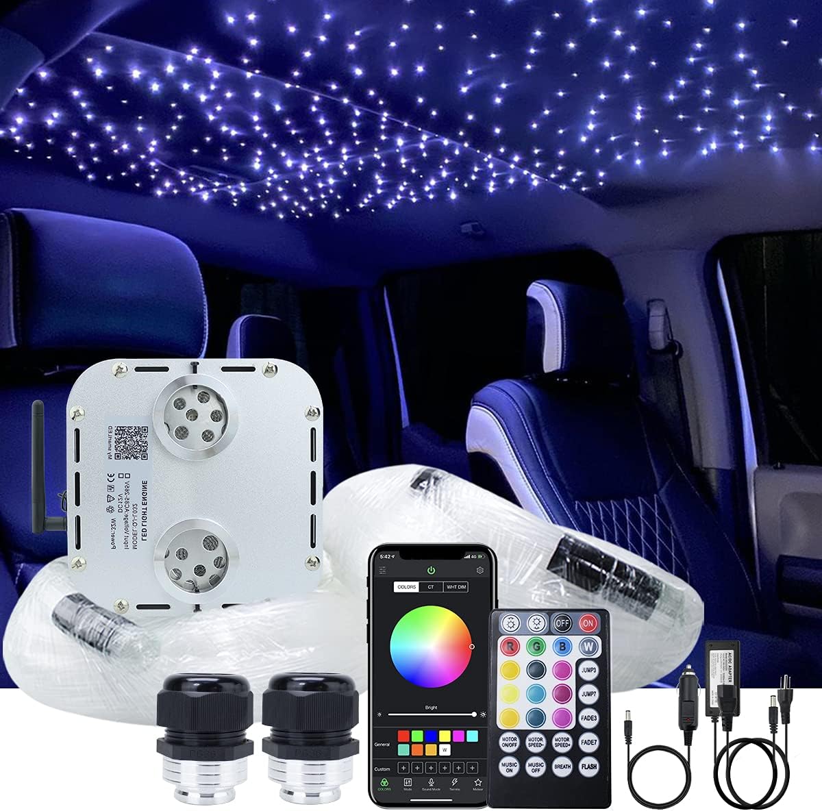 32W RGBW Fiber Optic Lights Kit Star Ceiling Sky Light 16.4ft/5m 1330pcs Mixed Fibers X88839