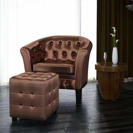 Brown Faux Leather Tub Chair with Footrest T9045