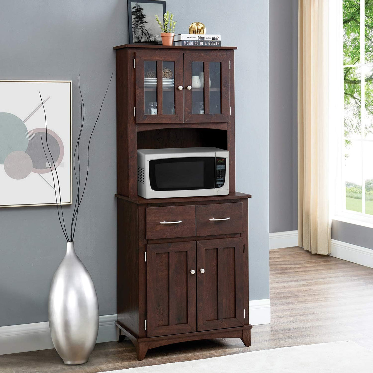 Charcoal Microwave Storage Stand with Double Door Top and Bottom Cabinets J99600