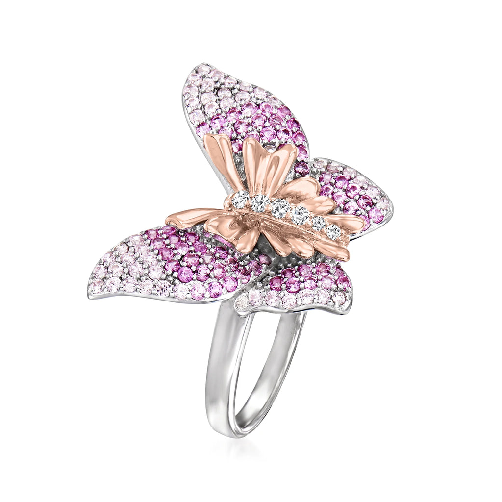 Simulated Pink Sapphire Butterfly Ring With CZ Accents in 2-Tone Sterling Silver W79285