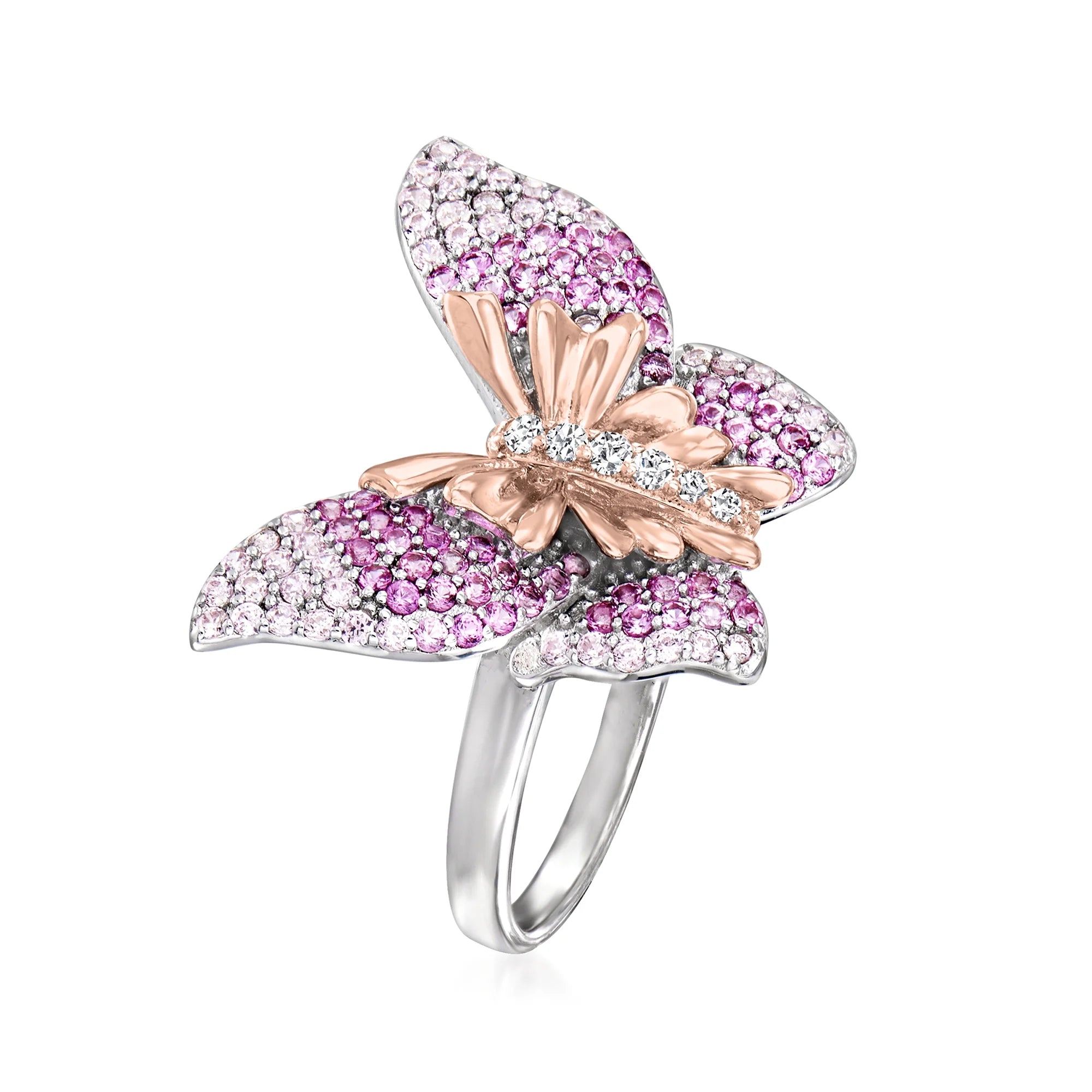 Simulated Pink Sapphire Butterfly Ring With CZ Accents in 2-Tone Sterling Silver W79285