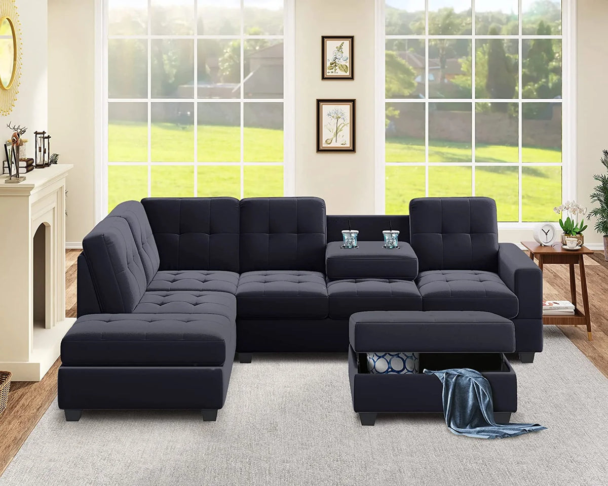 Modern Sectional Sofa with Reversible Chaise, L Shaped Couch Set with Storage Ottoman and Two Cup Holders K7034