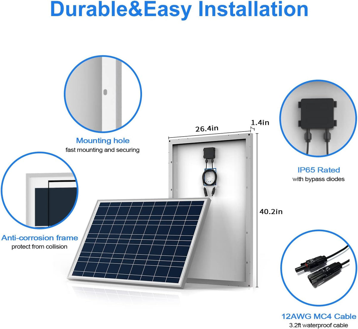 100 Watt 12 Volt Polycrystalline Solar Panel with 12 AWG Cable U7859