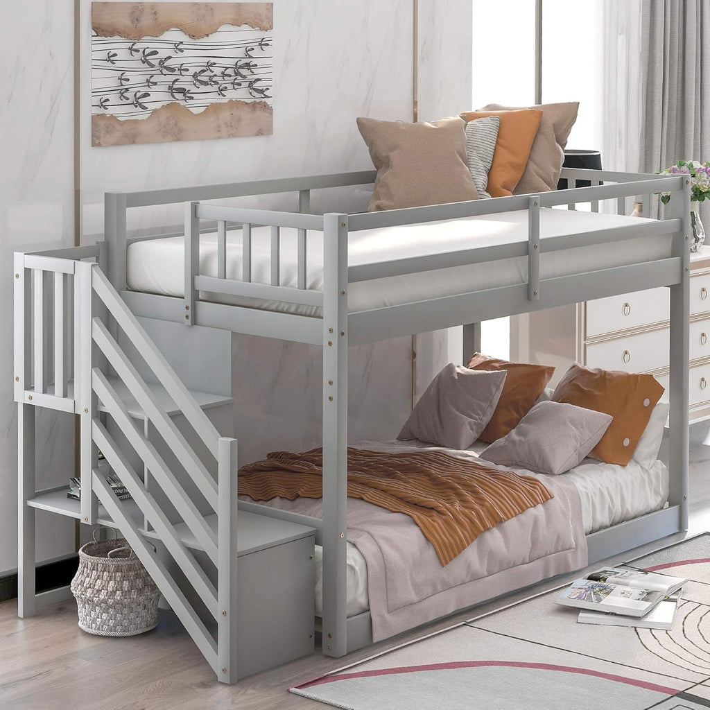 Grey Twin Over Twin Bunk Bed with Slide and Stairs Storage T2674