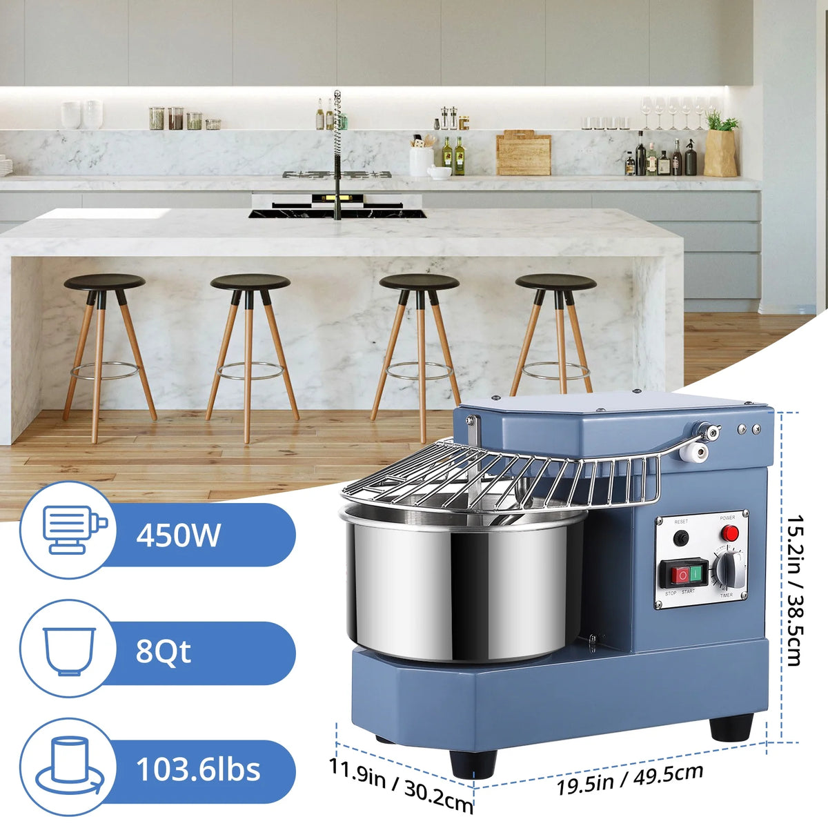 Commercial Dough Mixer, 8Qt Capacity, 450W Dual Rotating Dough Kneading Machine with Stainless Steel Bowl, Safety Shield, 110V K93416