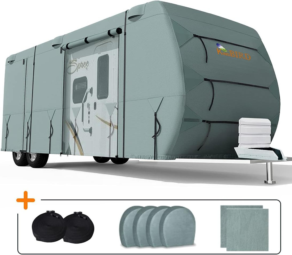 Extra-Thick 4 Layers Travel Trailer RV Cover with 2Pcs Extra Straps & 4 Tire Covers H603
