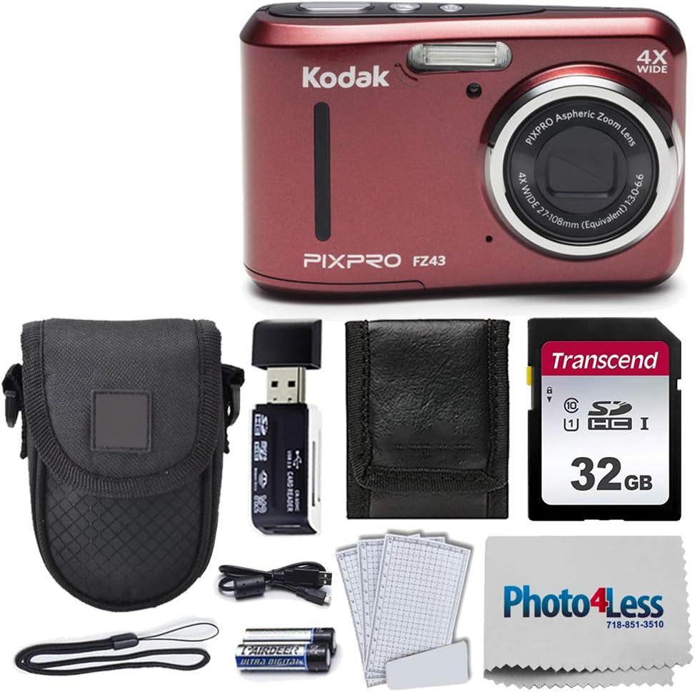 16 MP Digital Camera with 4X Optical Zoom and 2.7 LCD Screen (Red) + Black Case + 32GB SD Memory Card H72858