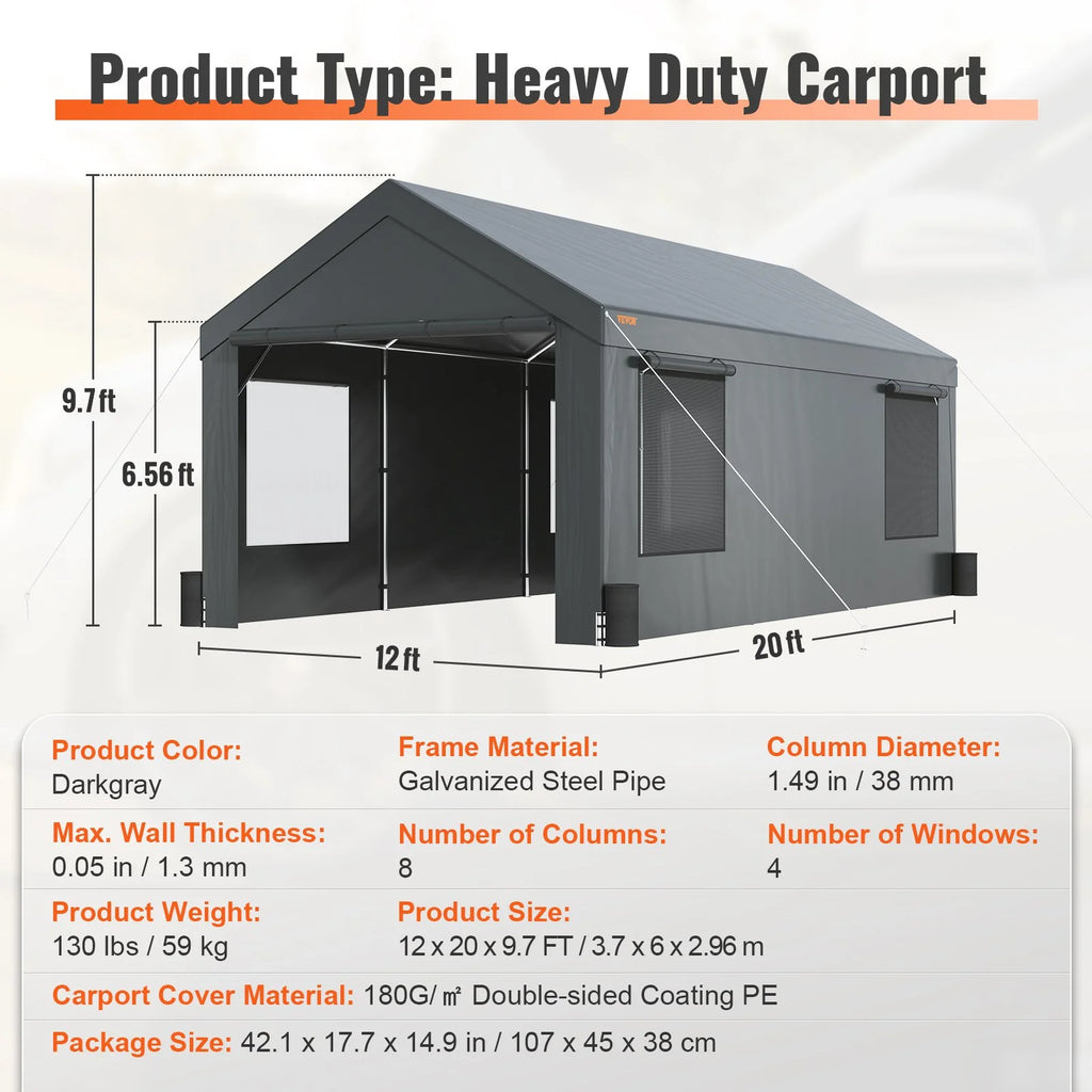 12x20ft Heavy Duty Carport with Removable Sidewalls W489