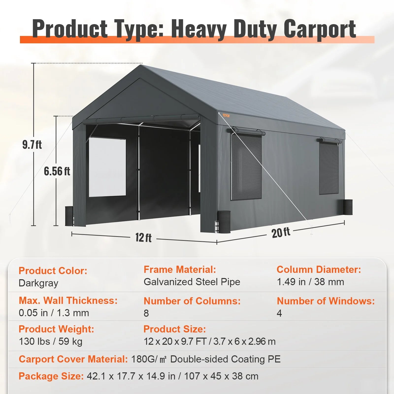 12x20ft Heavy Duty Carport with Removable Sidewalls W489