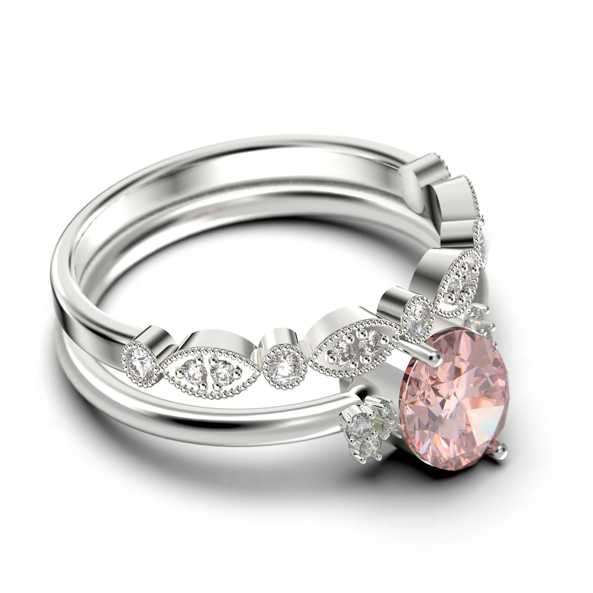 10K Solid White Gold Oval Cut Morganite And Diamond Moissanite Engagement Ring P1565