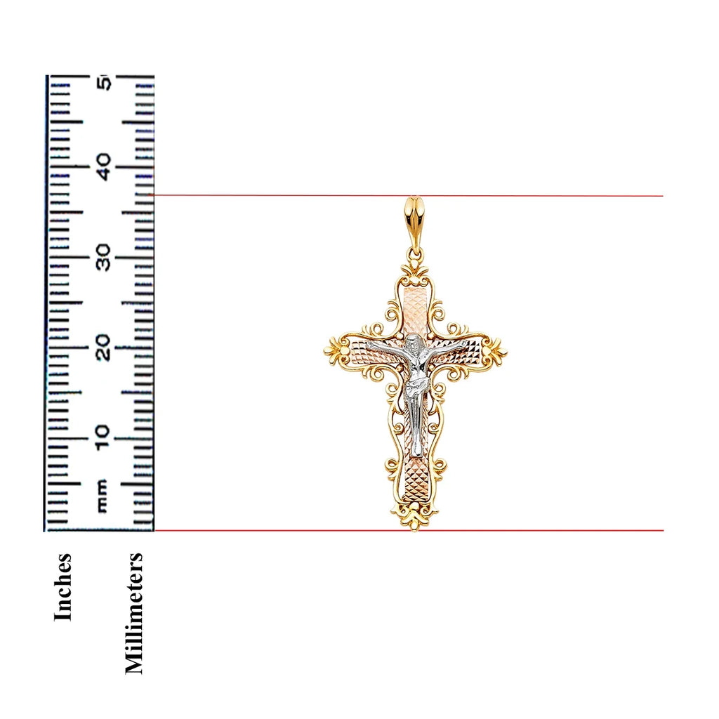 14K Tri Color Gold Religious Crucifix Pendant, 37 x 25 MM, 2.5 grams I865179