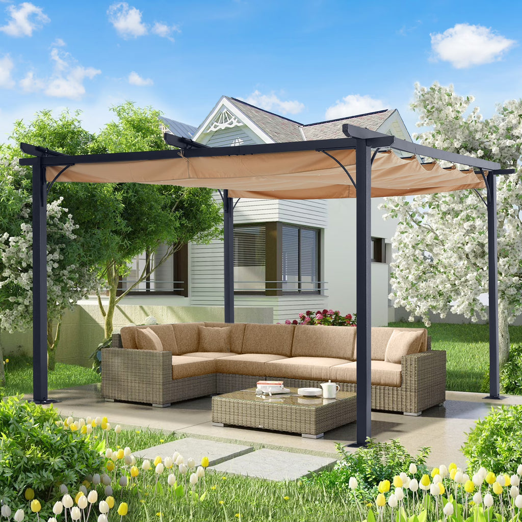 Beige 10x10 Retractable Shade Patio Gazebo Pergola P383488