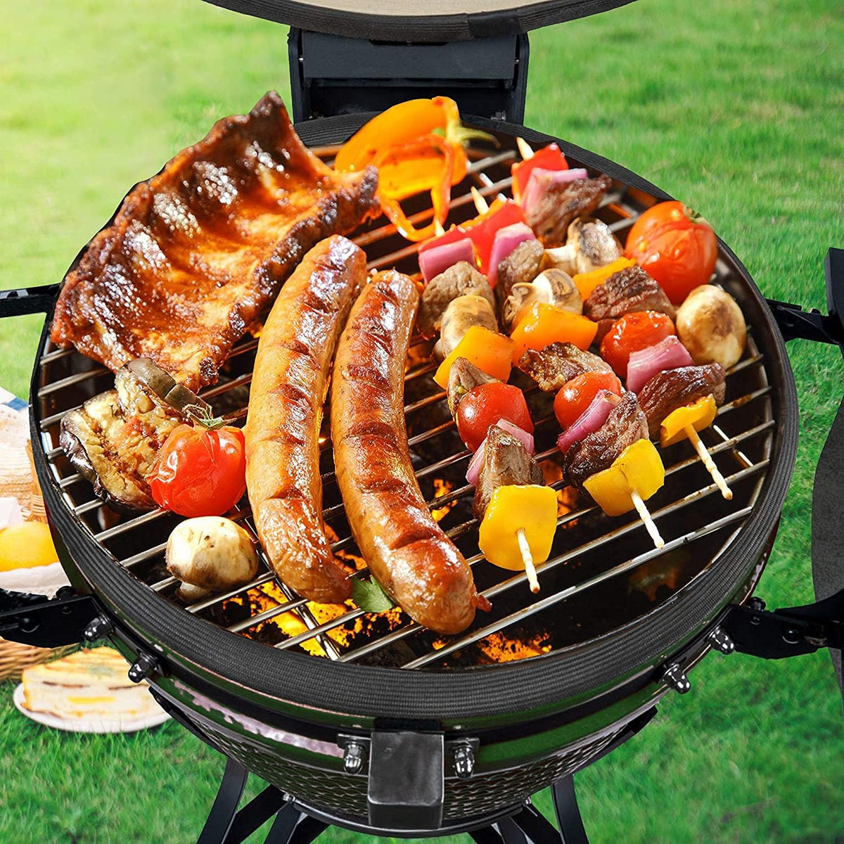 Green Ceramic Barbecue Charcoal Grill with Side Table U176