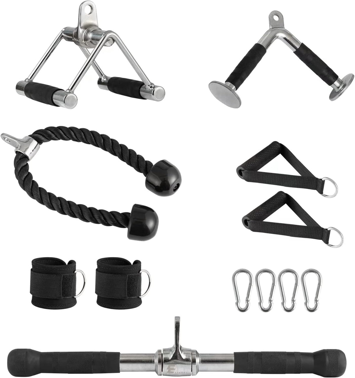 7 Piece Cable Machine Attachments Set with Chrome V Handle, Rotating Straight Bar, V-Shaped Bar, Tricep Rope, Ankle Straps I90542