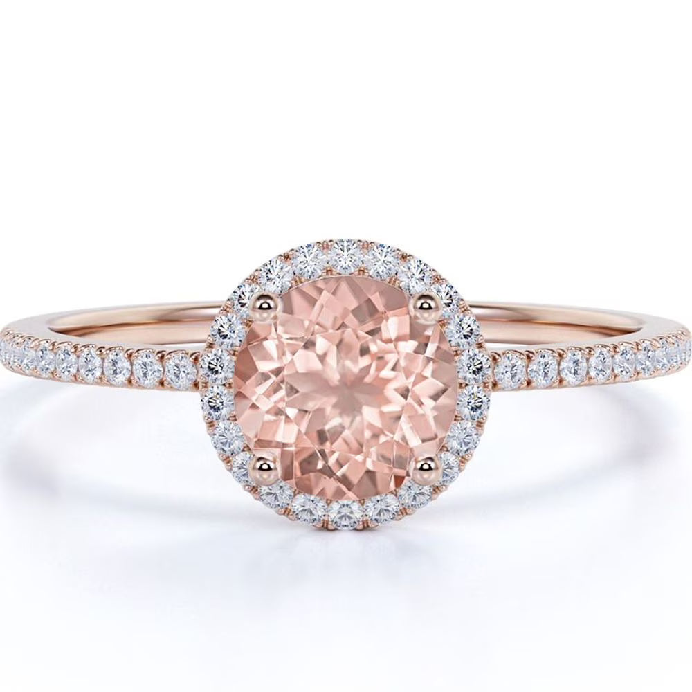 1.50 Carat Round Cut Created Morganite Diamond Halo Engagement Ring in Solid 10K Rose Gold F48521