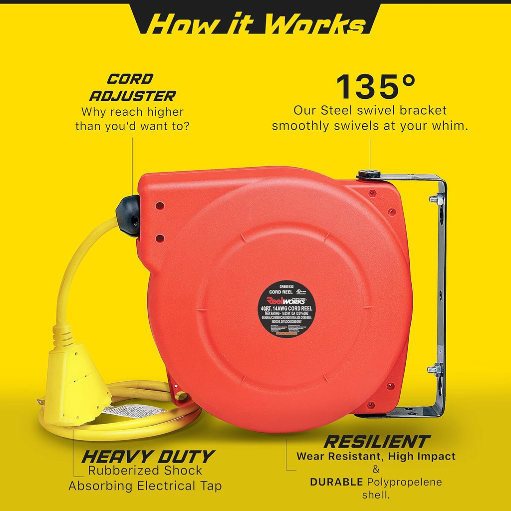 Extension Cord Reel Retractable, 14AWG x 40' Ft 3C SJT, Wall Mount Kit, 3 Outlet/Triple Tap Connector Pack of 2 I621837