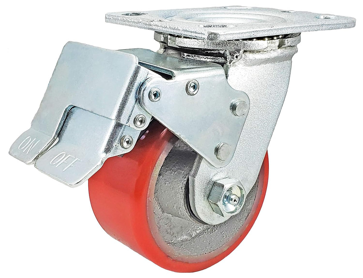 4 x 2 Total Lock Caster Set with Red Polyurethane on Steel Wheel P3612
