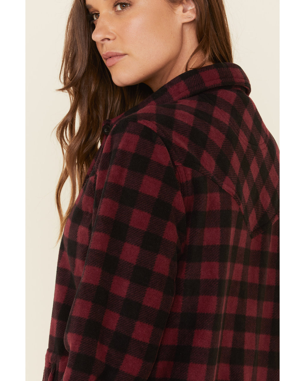 Plaid Print Long Sleeve Fleece Shacket Wine 3X I3164