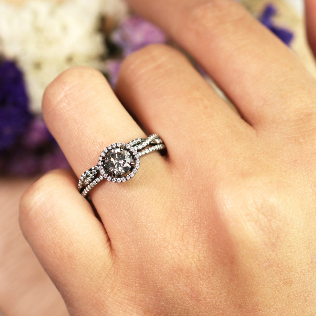 Four-Prong Halo Setting 1.5 Carat Round Brilliant Cut Gray Salt and Pepper Diamond Bridal Ring Set in 18K Black Gold Plating over Silver D74997