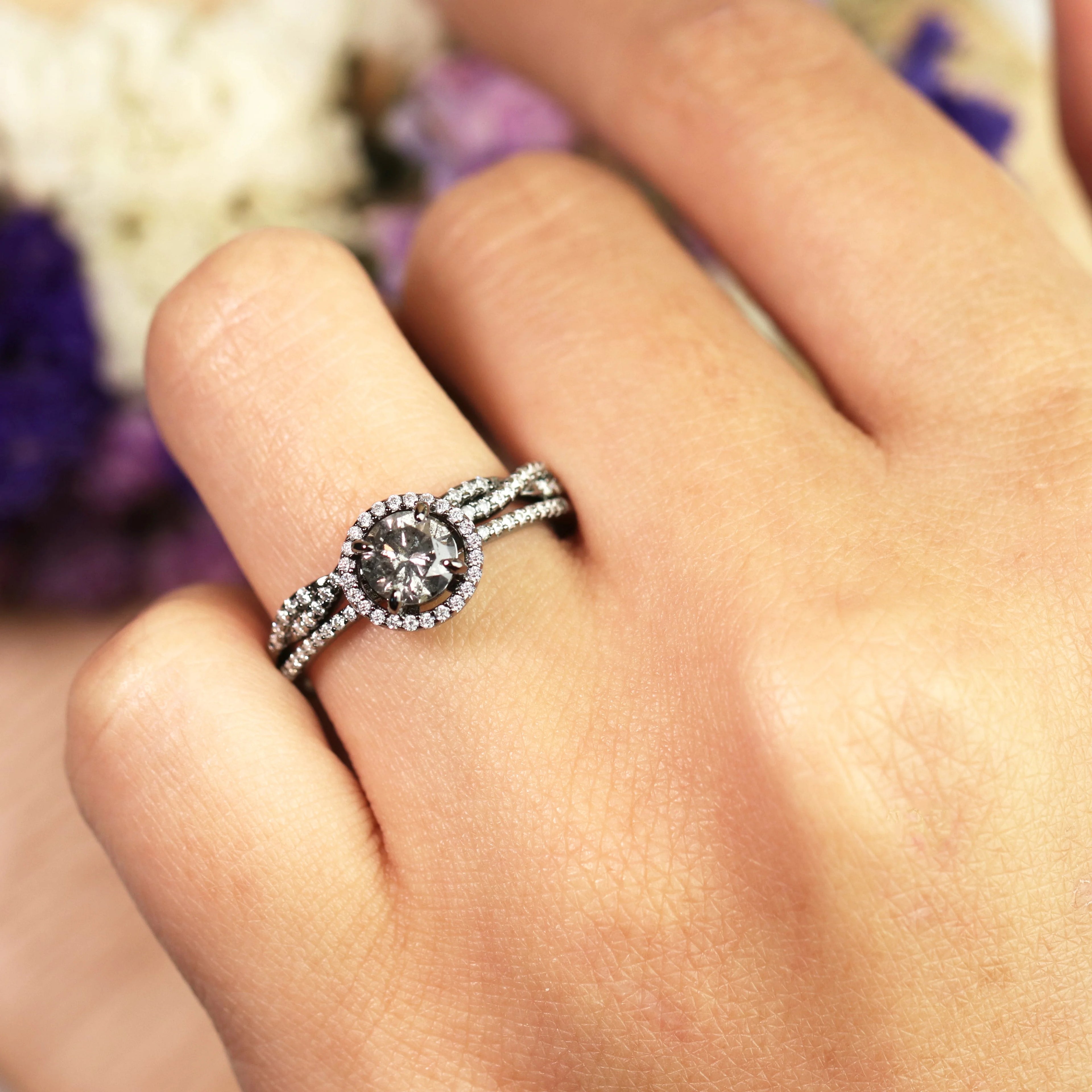 Four-Prong Halo Setting 1.5 Carat Round Brilliant Cut Gray Salt and Pepper Diamond Bridal Ring Set in 18K Black Gold Plating over Silver D74997