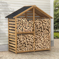 69" Solid Cedar Wood Firewood Log Rack with Black Asphalt Roof and 2-Tier Shelf V594342