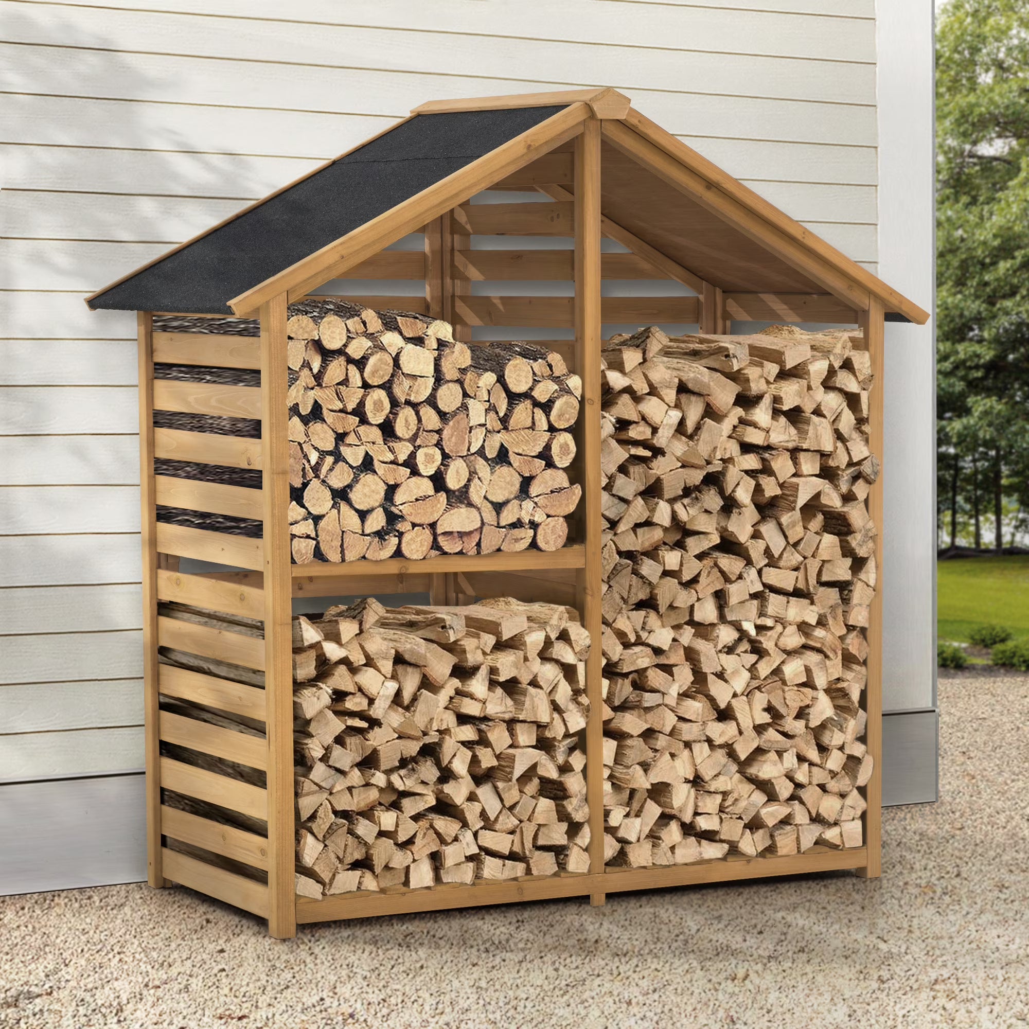 69" Solid Cedar Wood Firewood Log Rack with Black Asphalt Roof and 2-Tier Shelf V594342