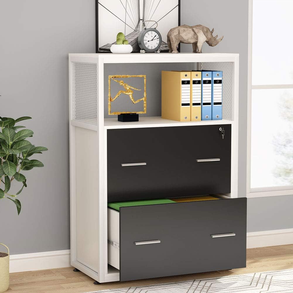 2 Drawer Lateral File Cabinet with Lock, Metal Wire Open Storage Shelves (Walnut) I643952