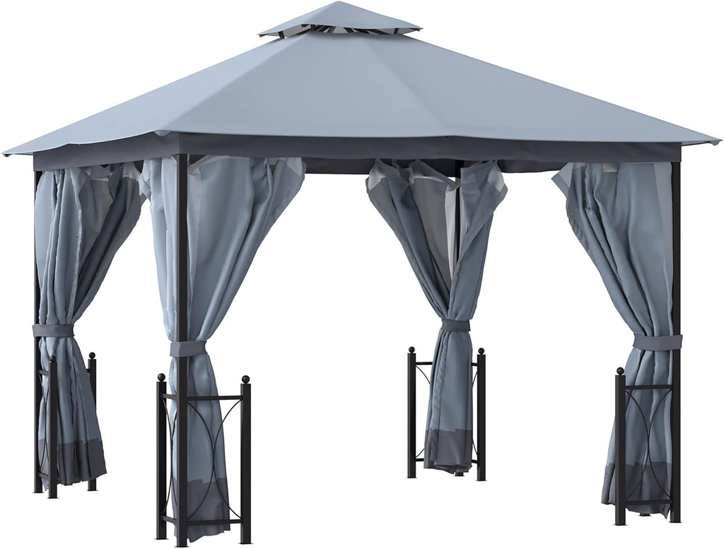 Grey Steel Frame Patio Gazebo with Netting and Curtains J1299