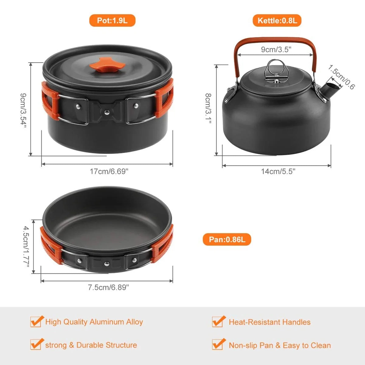 Camping Cookware Mess Kit Pot Pan Kettle Cooking Set Tableware with Spoon Fork B50131