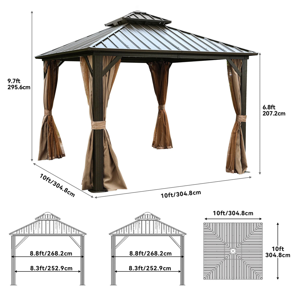 Bronze 10x10FT Double Roof Hardtop Gazebo with Nettings and Curtains Z151