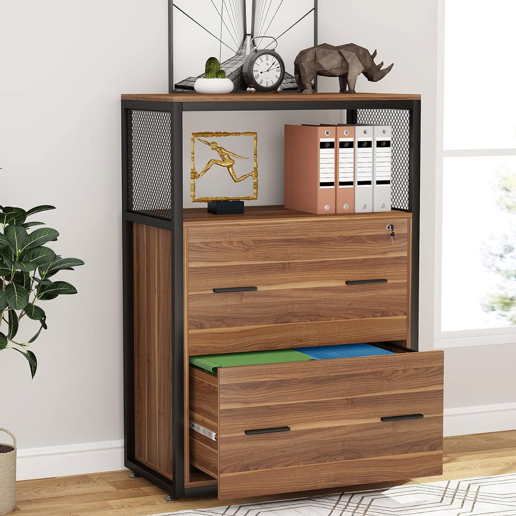 2 Drawer Lateral File Cabinet with Lock, Metal Wire Open Storage Shelves (Walnut) I643952