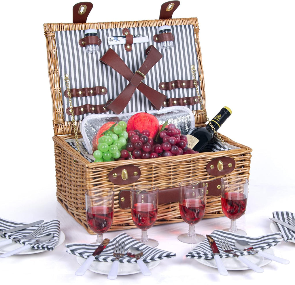 Picnic Basket for 2 with Insulated Liner, Grey Stripes E965393