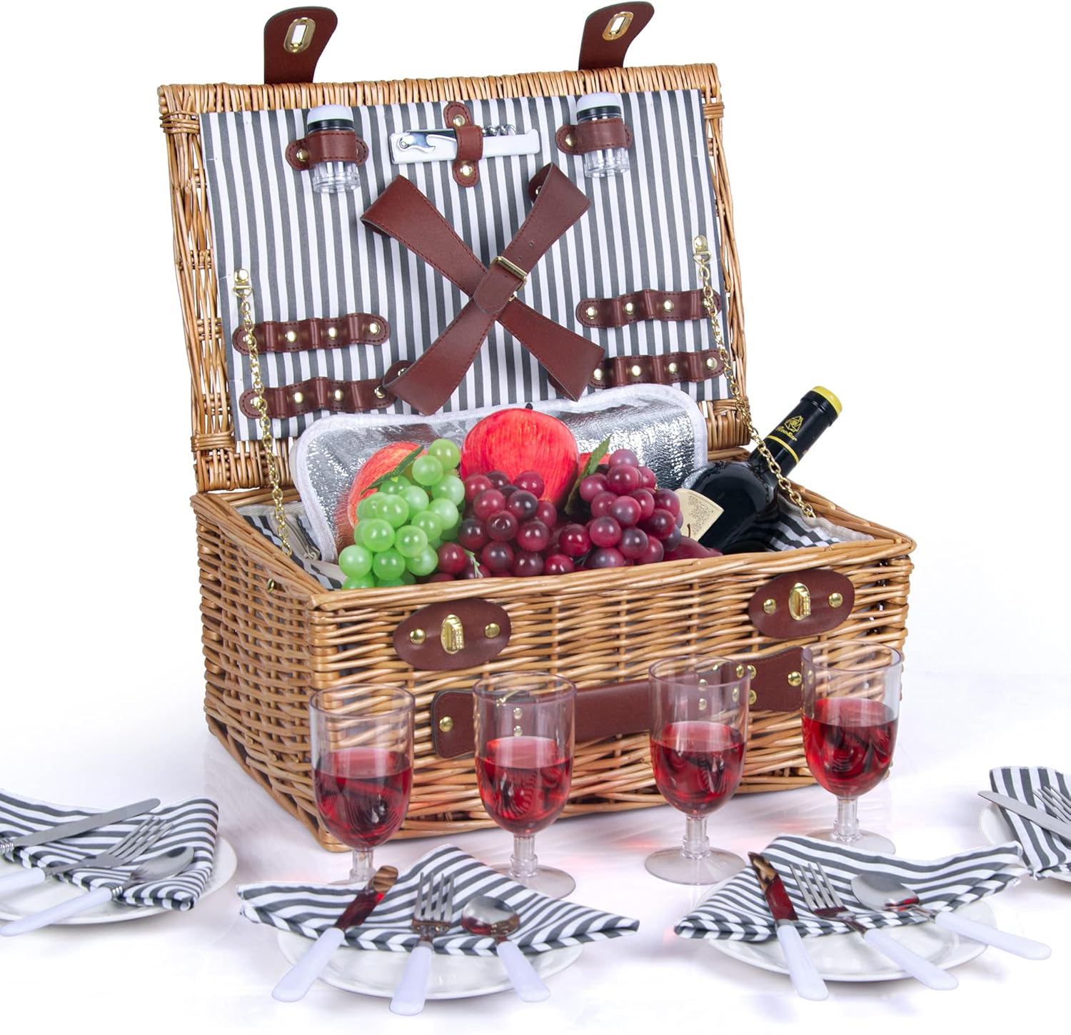 Picnic Basket for 2 with Insulated Liner, Grey Stripes E965393